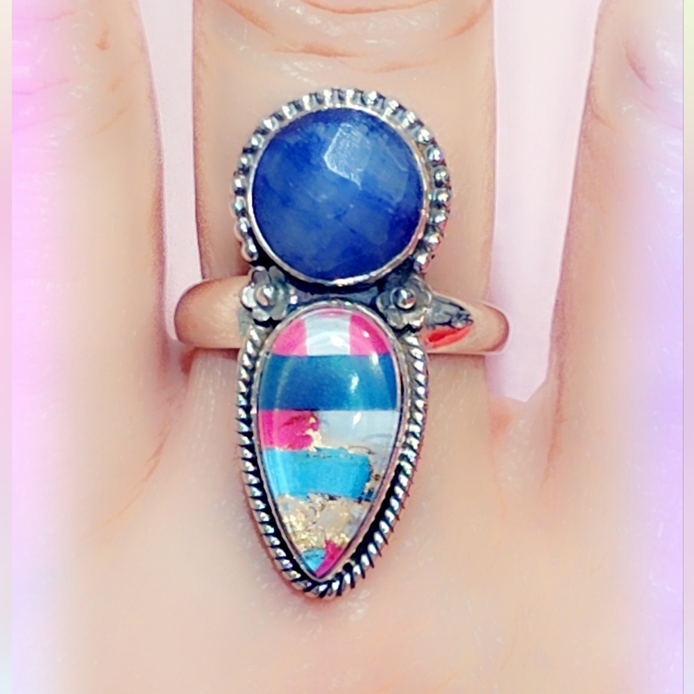 Opal & Faceted Lepidolite Sterling Gemstone Ring